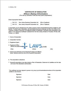 Form C-159B Certificate Of Dissolution (Without A Meeting Of Shareholders) (For Use By Domestic Profit And Non-Profit Corporations) 