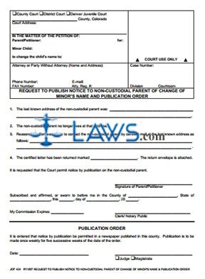Form JDF 424 Request to Publish Notice to Non-Custodial Parent of Change of Minor’s Name and Publication Order 