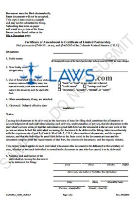 Form Certificate of Amendment to Cert. of LP (Limited Partnership) (Sample) 
