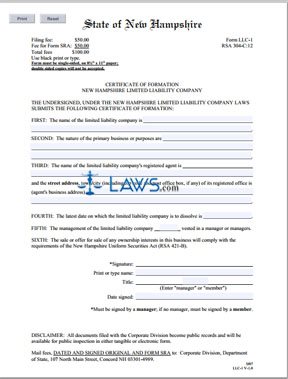 Form NH Certificate of Formation (LLC)