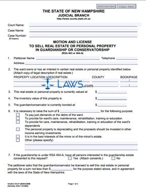 Form NHJB-2164-P Motion and License to Sell Real Estate or Personal Property in Guardianship