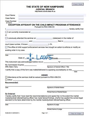 Form NHJB-2621-F Exception Affidavit of the Child Impact Program Attendance 