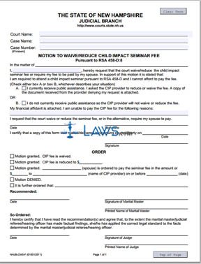 Form NHJB-2345-F Motion to Waive/Reduce Child Impact Seminar Fee 