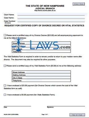 Form NHJB-2205-F Request for Certified Copy of Divorce Decree or Vital Statistics 