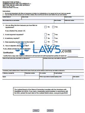 Form JD-CV-114 Request For Action — Administrative and Tax Appeals — Not For Use In Land Use Appeals 