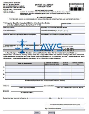 Form JD-CV-69 Affidavit of Service, Petition For Order RE: COMMISSION ON HUMAN RIGHTS AND OPPORTUNITIES AND NOTICE OF HEARING