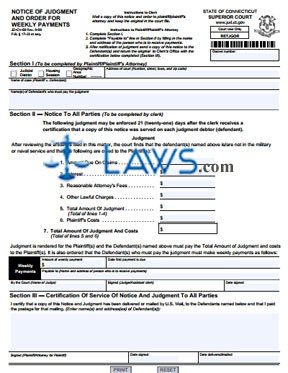 Form JD-CV-50CAL Notice of Judgment And Order For Weekly Payments 