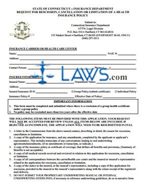 Request for Rescission, Cancellation or Limitation of a Health Insurance Policy