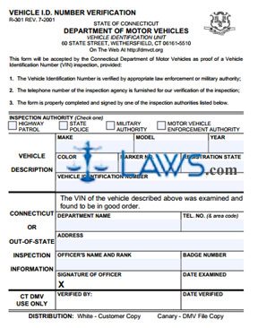 Form R-301 Vehicle I.D. Number Verification  