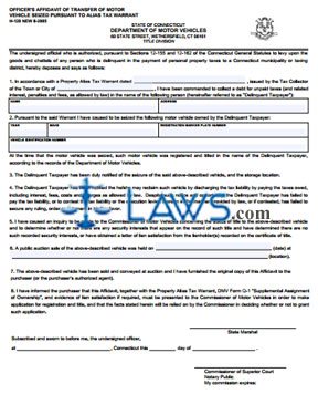 Form H-120 Officer's Affidavit of Transfer Motor Vehicle Seized Pursuant to Alias Tax Warrant