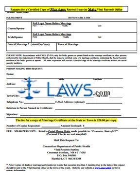 Form CT Request for a Certified Copy of Marriage Record from the Town/City Vital Records