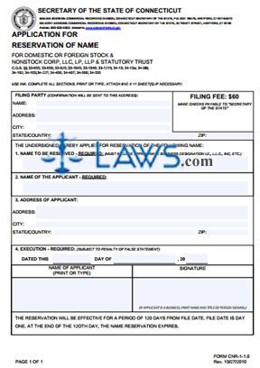 Form CNR-1-1.0 Application for Reservation of Name 