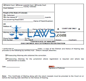 Certificate of Mailing (Discontinue Sex Offender Registration)