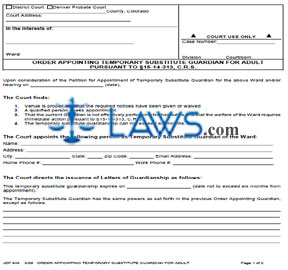 Form JDF 846 Order Appointing Temporary Substitute Guardian for Adult